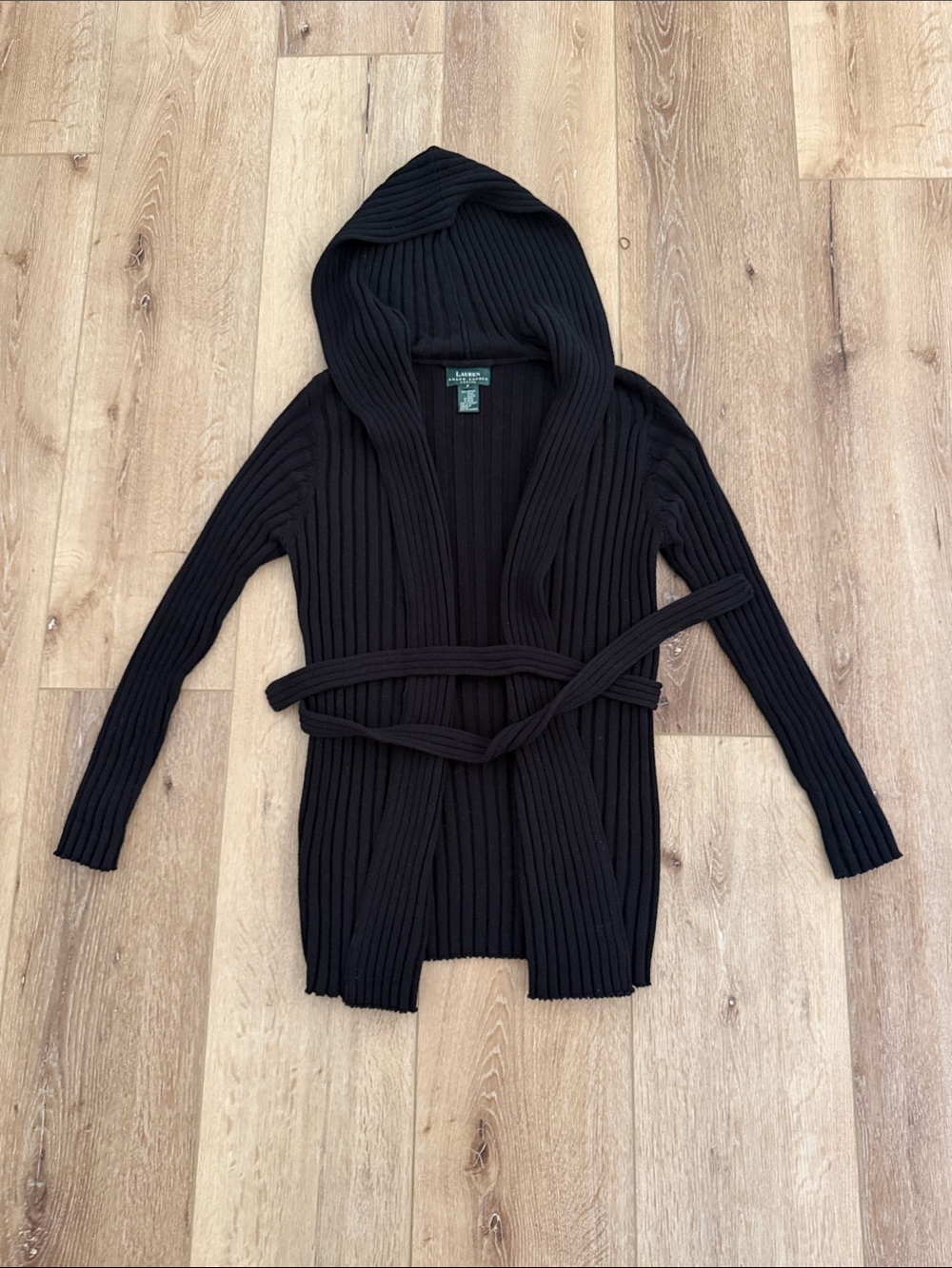 Lauren Ralph Lauren | Black Ribbed Hooded Belted Cardigan | size P | 💯 Cotton